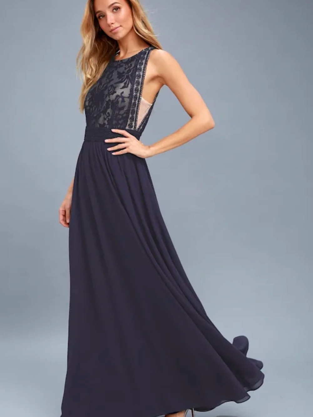 NWT - Lulu's Forever and Always Navy Blue Lace Maxi Dress
